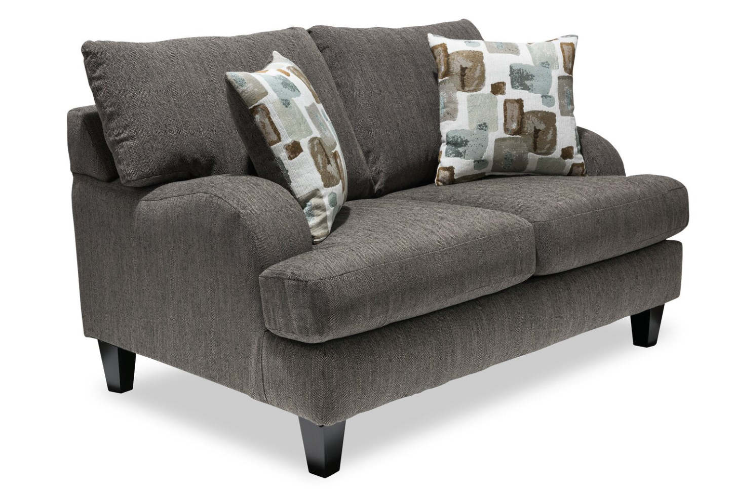 Made in Canada Nofia 58 Chenille Fabric Loveseat with Two Accent Pillows and Wood Legs - Charcoal Grey | Causeuse Nofia de 58 po fabriquée au Canada en tissu de chenille avec 2 coussins décoratifs et pattes en bois - gris anthracite