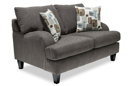 Made in Canada Nofia 58 Chenille Fabric Loveseat with Two Accent Pillows and Wood Legs - Charcoal Grey | Causeuse Nofia de 58 po fabriquée au Canada en tissu de chenille avec 2 coussins décoratifs et pattes en bois - gris anthracite