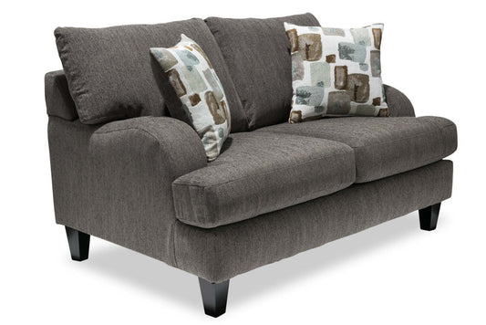 Made in Canada Nofia 58 Chenille Fabric Loveseat with Two Accent Pillows and Wood Legs - Charcoal Grey | Causeuse Nofia de 58 po fabriquée au Canada en tissu de chenille avec 2 coussins décoratifs et pattes en bois - gris anthracite