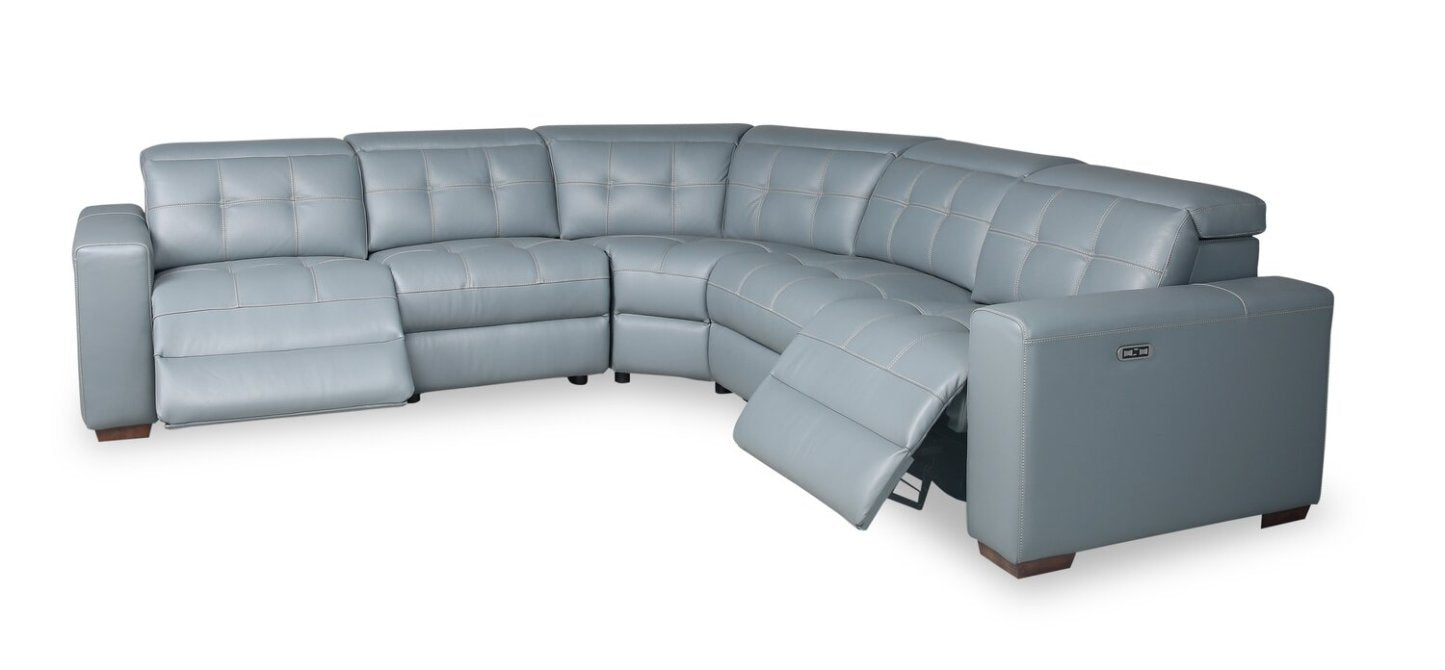Sofa sectionnel à inclinaison électrique Geneva 3 pièces en cuir véritable avec appuie-têtes électriques et port USB - bleu piscine