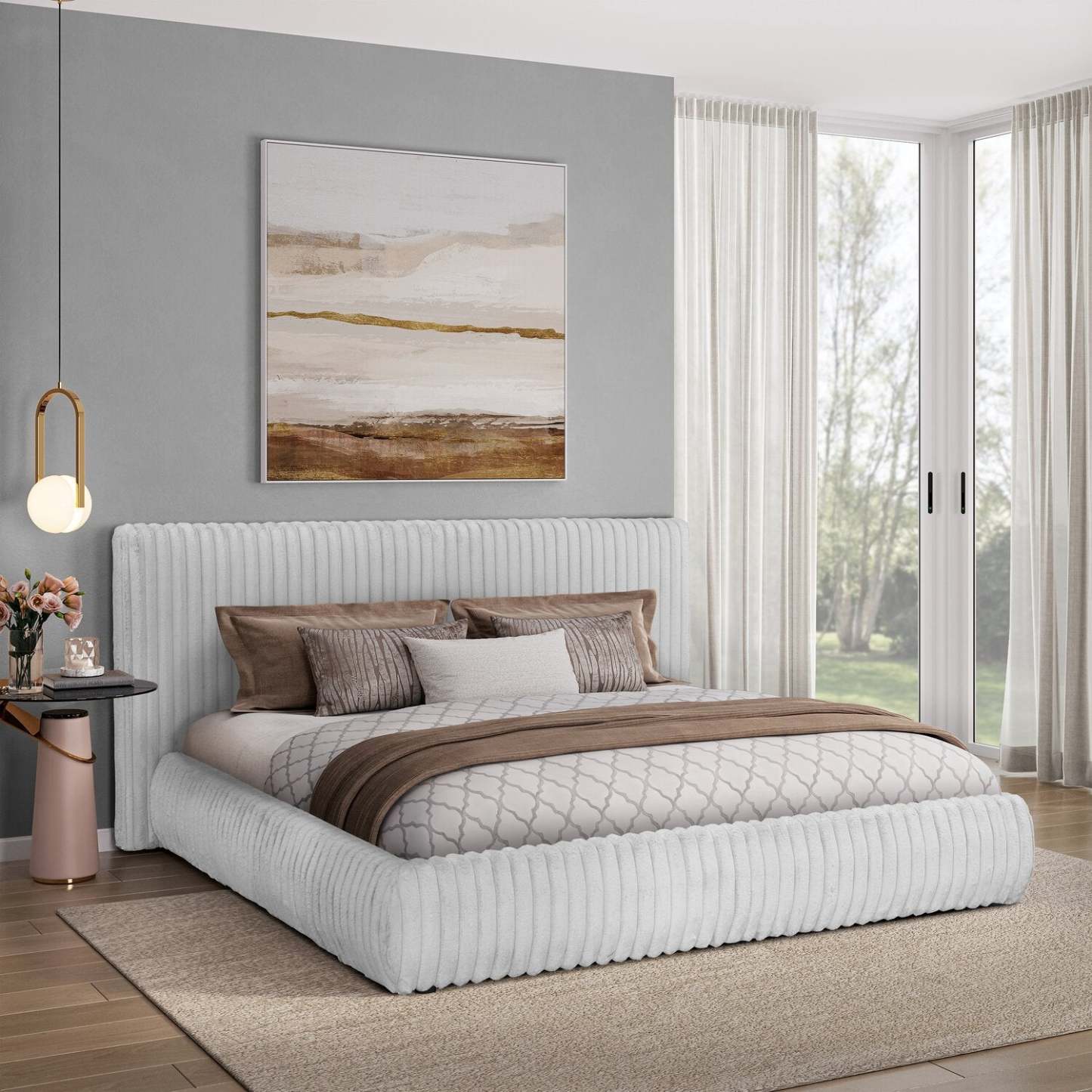 Lit plateforme rembourré Aria en tissu gris capitonné - format très grand lit