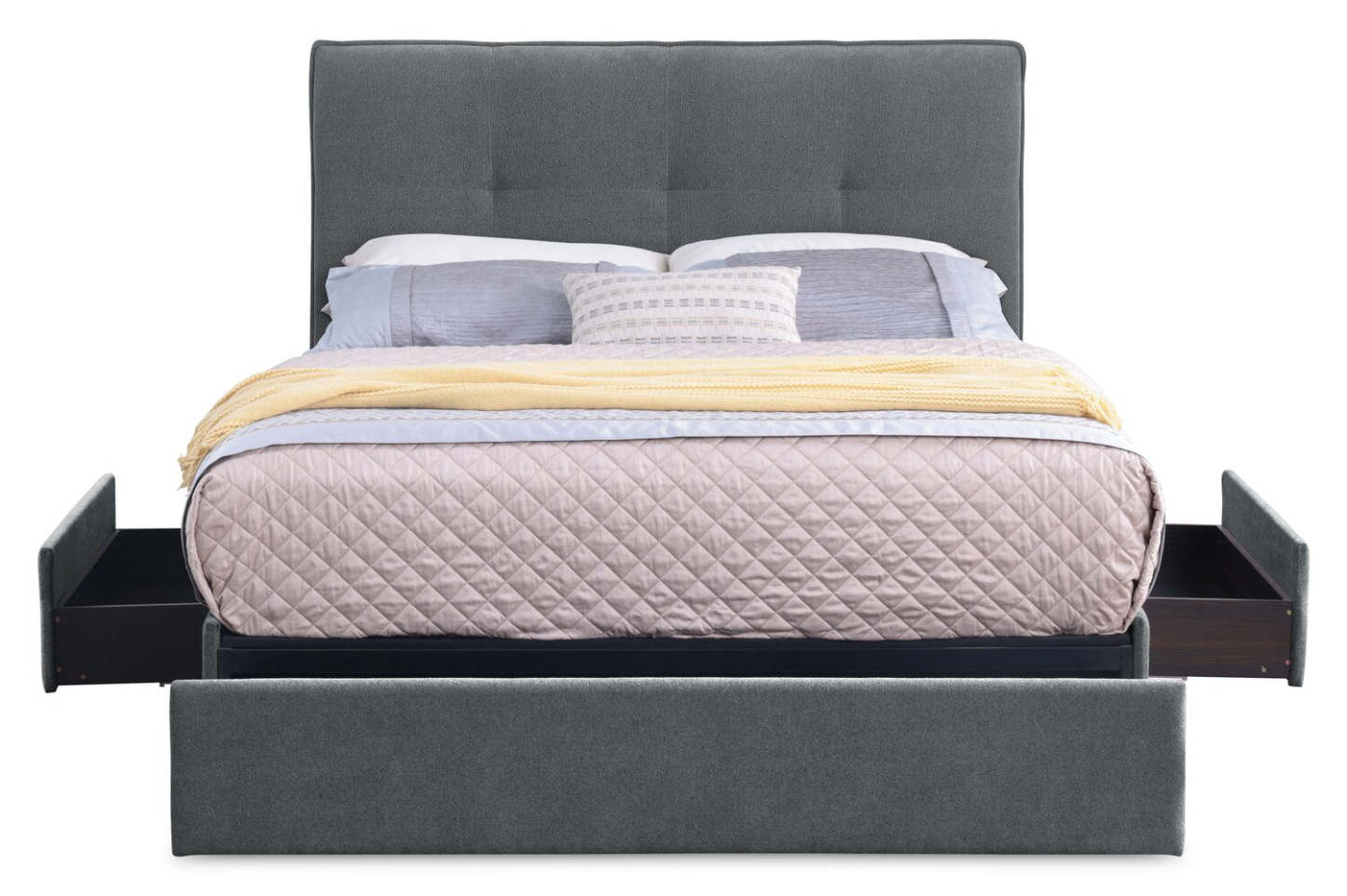 Sommier de lit rembourré avec rangement Amos en tissu anthracite avec 3 tiroirs intégrés - Grand lit | Base de lit de rangement Amos rembourrée en tissu anthracite avec 3 tiroirs intégrés - format grand lit