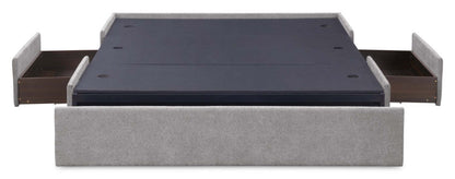 Lit de rangement Amos rembourré en tissu gris avec tête de lit capitonnée et 3 tiroirs intégrés - format grand lit
