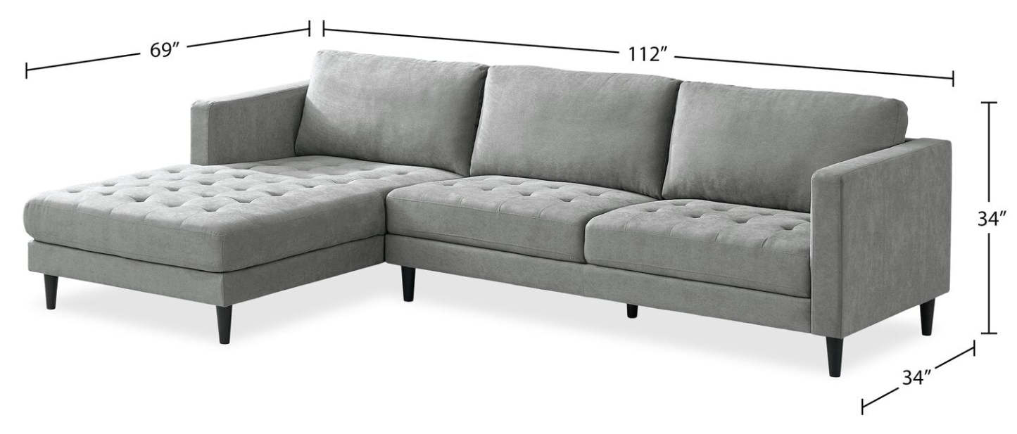 Sofa sectionnel de gauche Metro 2 pièces en tissu avec fauteuil long et coussins de siège capitonnés - gris