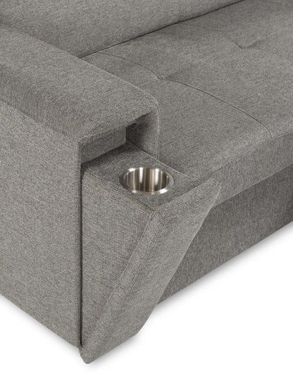 Savvy 2-Piece Right-Facing Linen-Look Fabric Sectional with Adjustable Headrests, Cupholders and USB Port - Grey | Canapé sectionnel droit Savvy 2 pièces en tissu d’apparence lin avec appuie-têtes réglables, porte-gobelets et port USB - gris