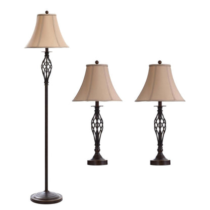 Ensemble 3 pièces Fiona Traditional Antiqued-Bronze, lampadaire et deux lampes de table|Ensemble 3 lampes Fiona traditionnelles bronze antique, 2 lampes de table et 1 lampe à pied