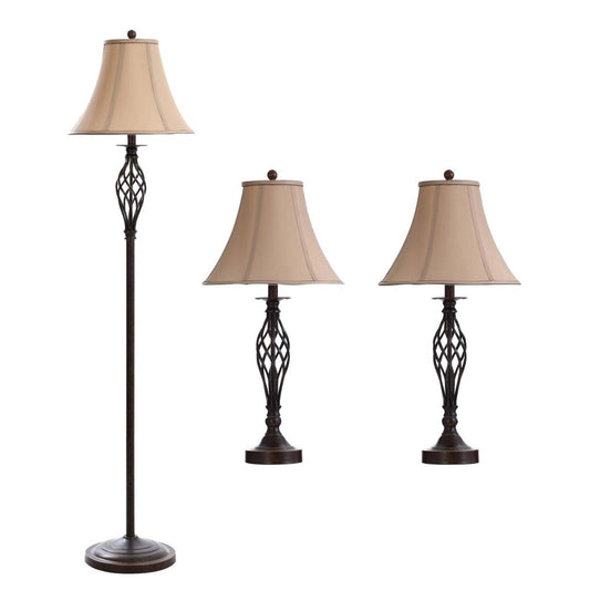 Ensemble 3 pièces Fiona Traditional Antiqued-Bronze, lampadaire et deux lampes de table|Ensemble 3 lampes Fiona traditionnelles bronze antique, 2 lampes de table et 1 lampe à pied