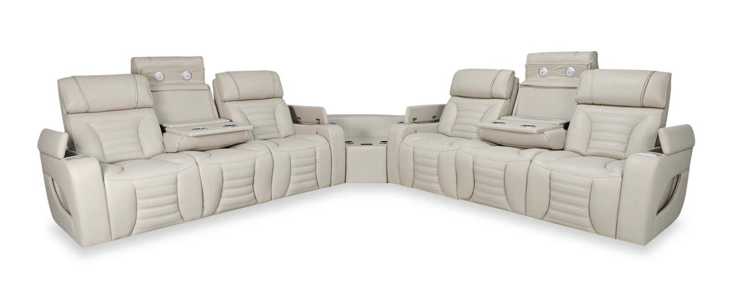 Sofa sectionnel à inclinaison électrique Zen 3 pièces en tissu d’apparence cuir avec massage et 2 consoles rabattables - abricot