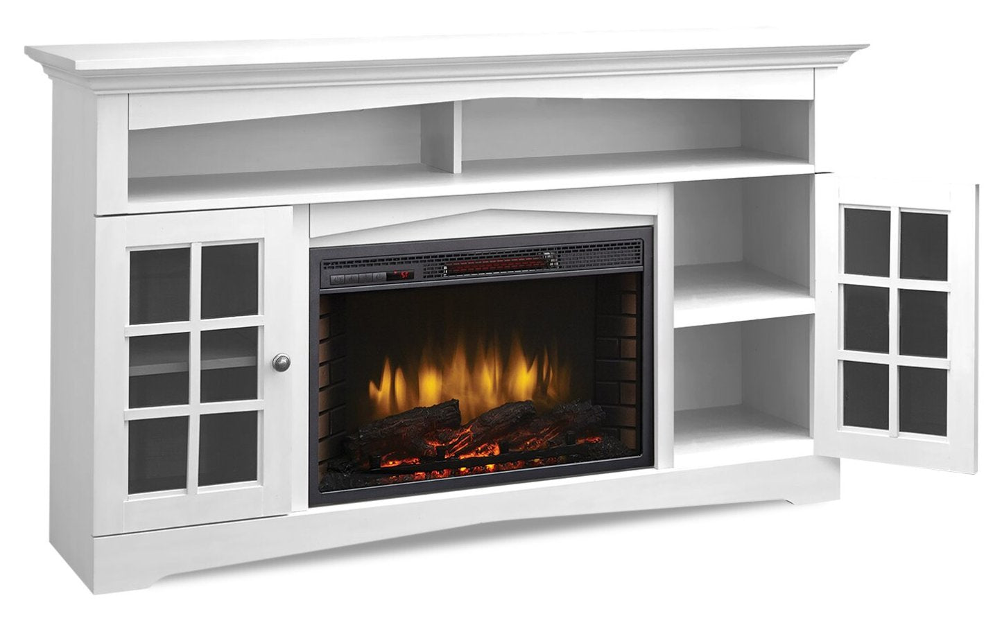 Huntley 59 Electric Fireplace TV Stand with Storage and Cable Management for TVs up to 65- White|Meuble pour téléviseur Huntley de 59 po avec foyer électrique, rangement et système de gestion des câbles pour téléviseurs jusqu’à 65 po - blanc