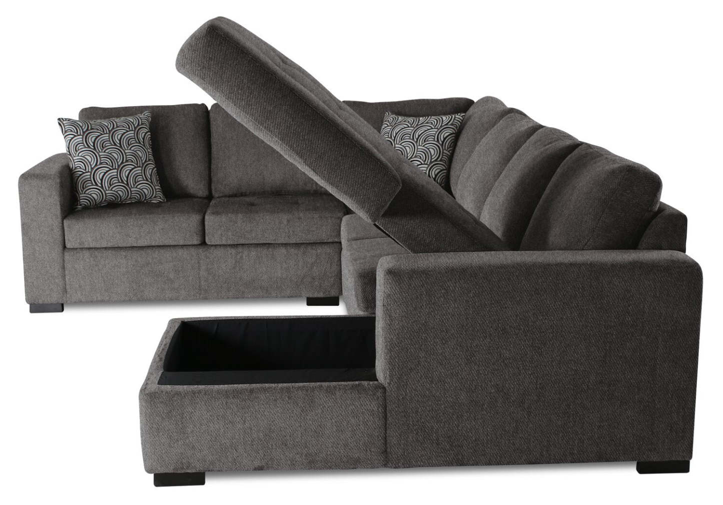 Made in Canada Legend 4-Piece Right-Facing Chenille Fabric Sleeper Sectional with Storage Chaise - Pewter Brown | Canapé-lit sectionnel de droite Legend 4 pièces fabriqué au Canada en tissu de chenille avec chaise longue de rangement - brun étain