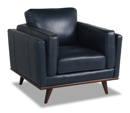 Vivia 40 Fauteuil en cuir véritable avec coussin de siège amovible et base en bois - bleu marine | Chaise Vivia 40 en cuir véritable avec coussin de siège amovible et base en bois - Bleu marine
