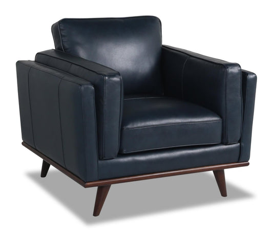 Vivia 40 Fauteuil en cuir véritable avec coussin de siège amovible et base en bois - bleu marine | Chaise Vivia 40 en cuir véritable avec coussin de siège amovible et base en bois - Bleu marine