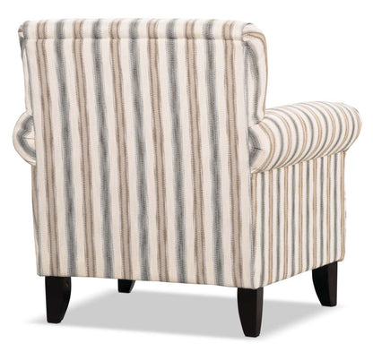 Fauteuil d’appoint Wynn de 36 po fabriqué au Canada en tissu d’apparence lin avec accoudoirs enroulés et pattes en bois - rayures multicolores