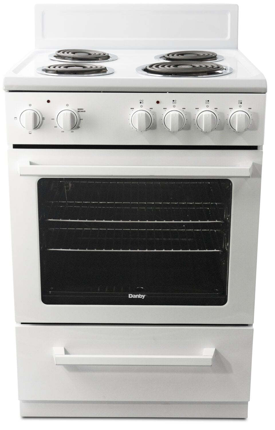 Danby 2,5 Cu. Fort. Cuisinière électrique compacte de 24 largeurs et 4 brûleurs - Blanc - DERM240WC | Cuisinière électrique Danby de 2,5 pi³ de largeur compacte de 24 po et à 4 brûleurs - blanche - DERM…