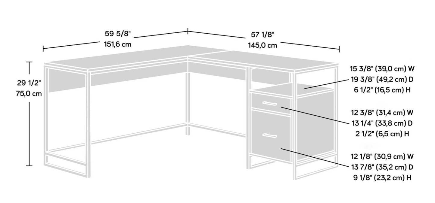 Bureau en forme de L Taryn de 59,69 po à 2 tiroirs - blanc et brun clair