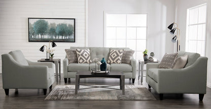 Fabriqué au Canada Cindy Crawford Home Chaise Kylie 32 en tissu d'apparence lin avec capitonnage de boutons - Gris Zeus | Fauteuil Kylie de Cindy Crawford Home de 32 po fabriqué au Canada en tissu d'apparence lin avec capitonnage - gris Zeus