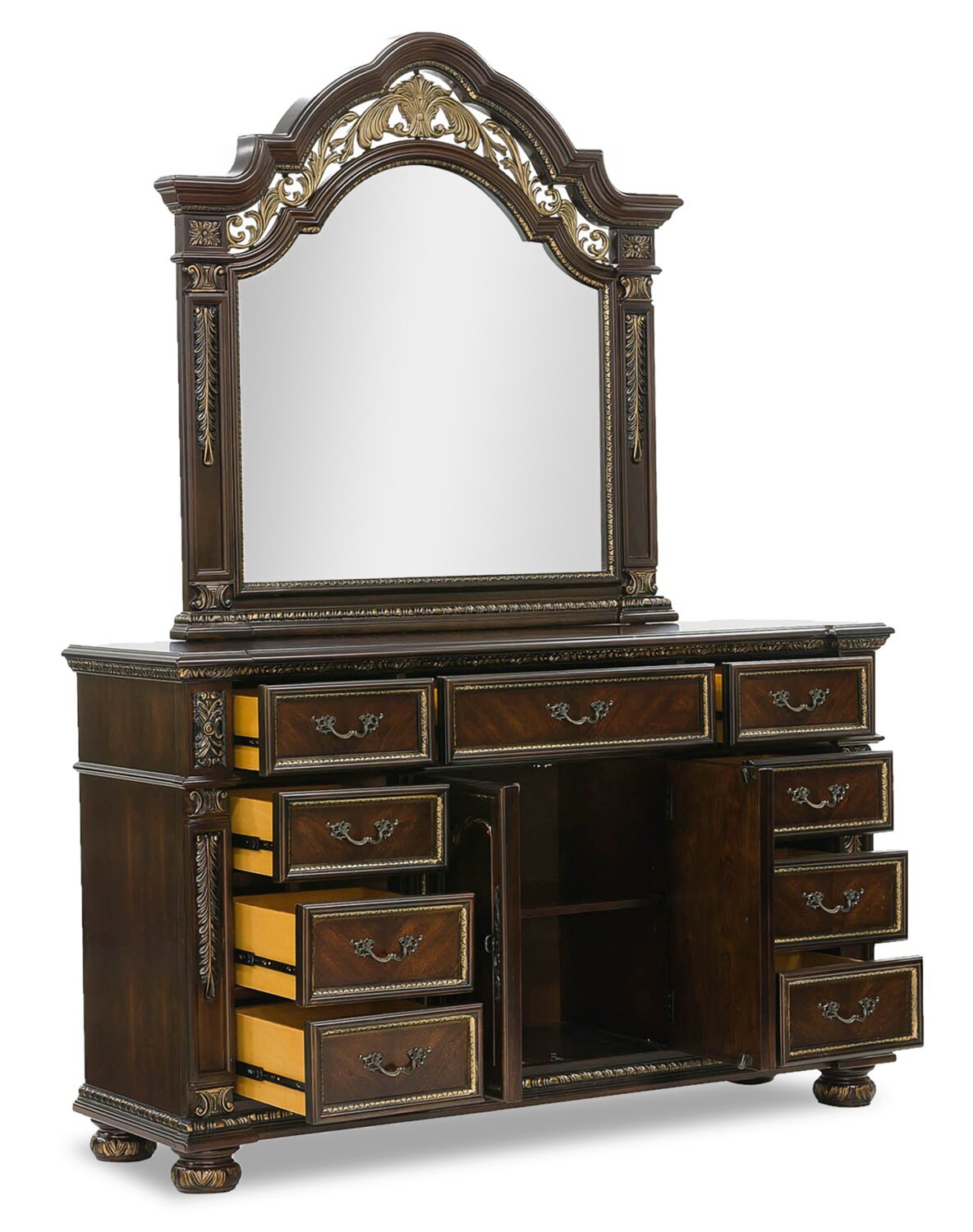 Commode Wynn pour chambre à coucher à 9 tiroirs avec armoire de rangement, 67,8 L x 40,5 H - Brun Cerise | Commode Wynn de 67,8 po (L) x 40,5 po (H) à 9 tiroirs avec armoire de rangement pour la chambre à coucher - brun cerisier