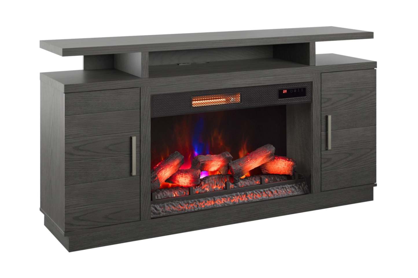 Meuble pour téléviseur moderne Breya de 64 po avec foyer électrique, rangement et recharge USB pour téléviseurs jusqu'à 70 po - gris