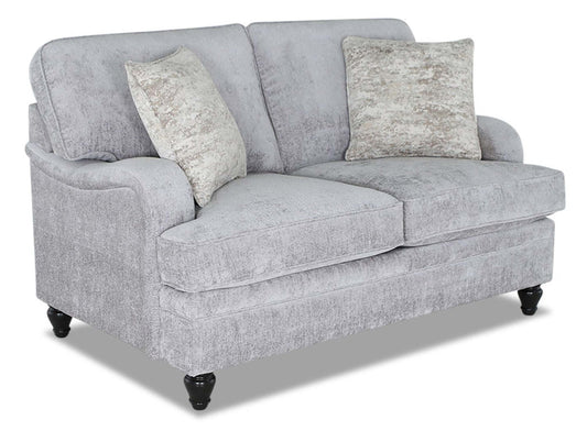 Made in Canada Bellmont 64 Chenille Fabric Loveseat with Reversible Cushions and Wood Legs - Platinum Grey | Causeuse Bellmont de 64 po fabriquée au Canada en tissu de chenille avec coussins réversibles et pattes en bois - gris platine