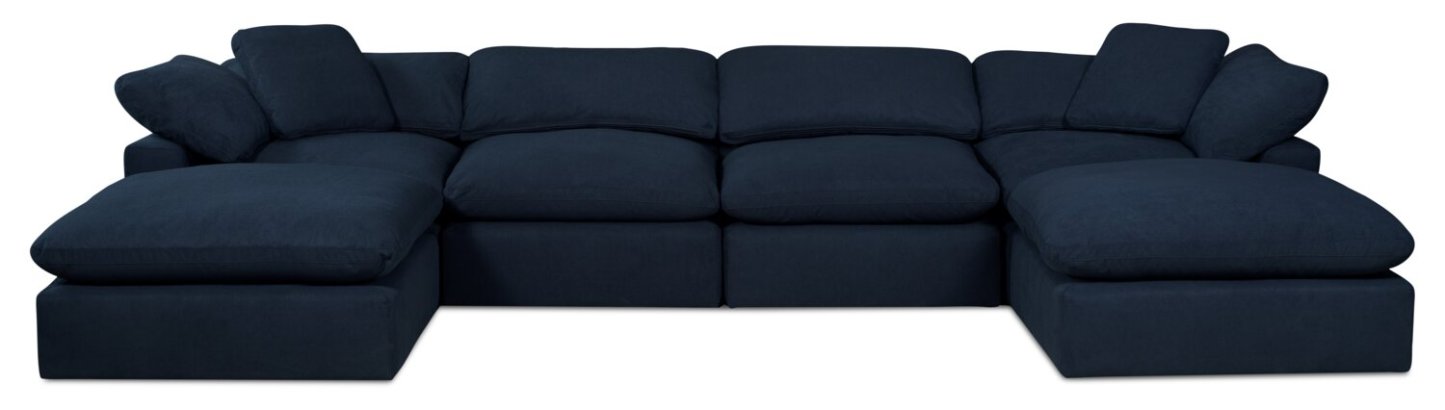 Sofa sectionnel modulaire Eclipse 6 pièces en tissu d’apparence lin avec poufs et coussins réversibles en duvet et plumes - bleu marine