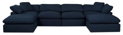 Sofa sectionnel modulaire Eclipse 6 pièces en tissu d’apparence lin avec poufs et coussins réversibles en duvet et plumes - bleu marine