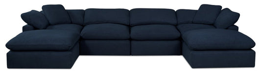 Sofa sectionnel modulaire Eclipse 6 pièces en tissu d’apparence lin avec poufs et coussins réversibles en duvet et plumes - bleu marine