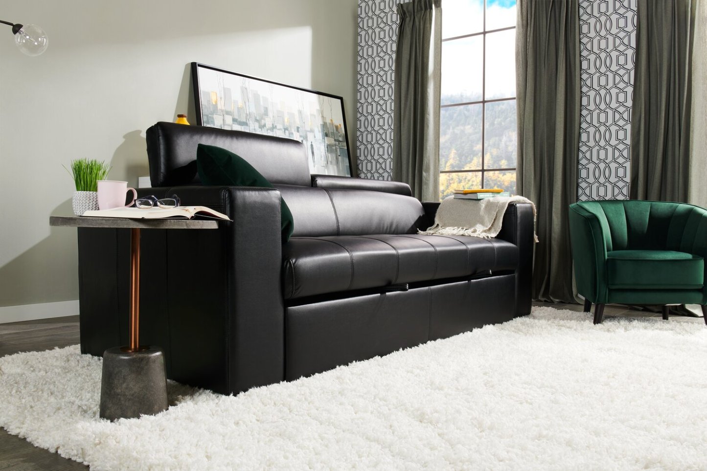 Sofa-lit Drake de 87 po en tissu d’apparence cuir avec lit rétractable, appuie-têtes relevables et capitonnage à boutons - noir