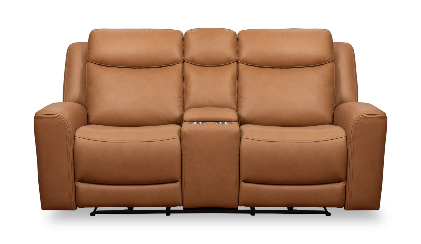 Scott Living Prescott 79 Genuine Leather Power Reclining Loveseat with Power Headrests - Butternut Brown | Causeuse à inclinaison électrique Prescott de Scott Living de 79 po en cuir véritable avec appuie-têtes électriques - brun courge musquée