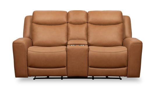 Scott Living Prescott 79 Genuine Leather Power Reclining Loveseat with Power Headrests - Butternut Brown | Causeuse à inclinaison électrique Prescott de Scott Living de 79 po en cuir véritable avec appuie-têtes électriques - brun courge musquée