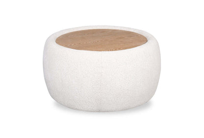 Ottomane cocktail en tissu chenille Rio 36 avec dessus et pieds en bois - Blanc albâtre | Pouf table à café Rio de 36 po en tissu de chenille avec dessus et pattes en bois - blanc albâtre