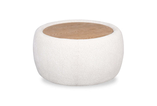 Ottomane cocktail en tissu chenille Rio 36 avec dessus et pieds en bois - Blanc albâtre | Pouf table à café Rio de 36 po en tissu de chenille avec dessus et pattes en bois - blanc albâtre