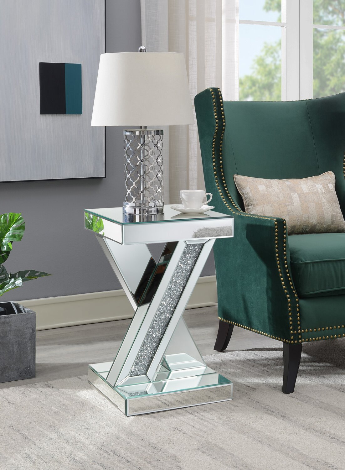Table d'appoint Lydia 12 avec miroir et cristaux - Argent | Table d'appoint Lydia de 12 po en miroir avec cristaux - argentée