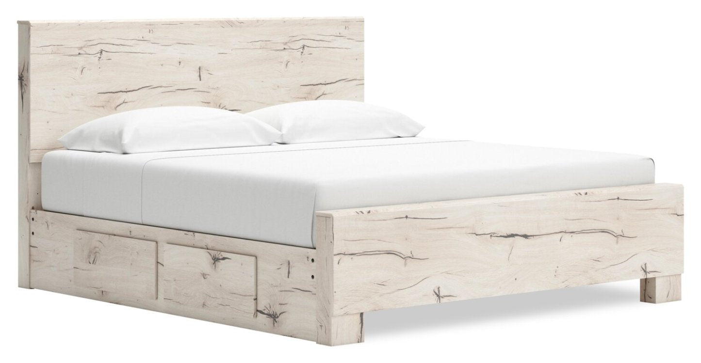 Lit de rangement Derekson blanc rustique avec 2 tiroirs latéraux intégrés - format très grand lit | Derekson Storage Bed with 2 Built-In Side Drawers, Rustic White - King Size