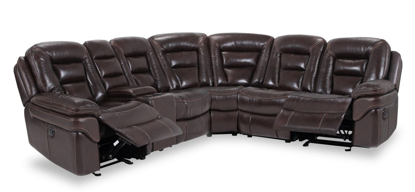 Sofa sectionnel à inclinaison électrique Leo 6 pièces en cuir véritable avec console de rangement et 2 porte-gobelets - brun noyer