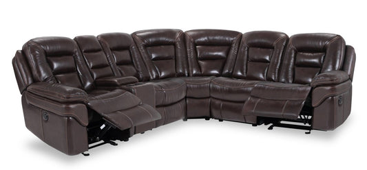 Sofa sectionnel à inclinaison électrique Leo 6 pièces en cuir véritable avec console de rangement et 2 porte-gobelets - brun noyer