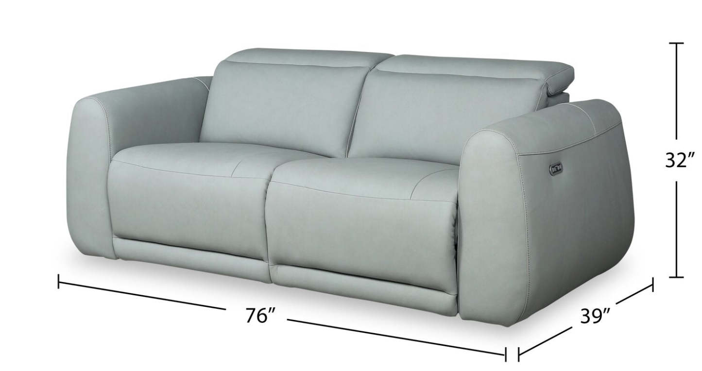 Sofa à inclinaison électrique Gianna de 76 po en cuir véritable avec appuie-têtes électriques et ports USB - bleu spa