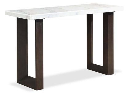 Table de canapé moderne Silvia 48 - Aspect marbre blanc et gris avec pieds en bois marron|Table de salon moderne Silvia de 48 po - imitation de marbre blanc et gris avec pattes en bois brun