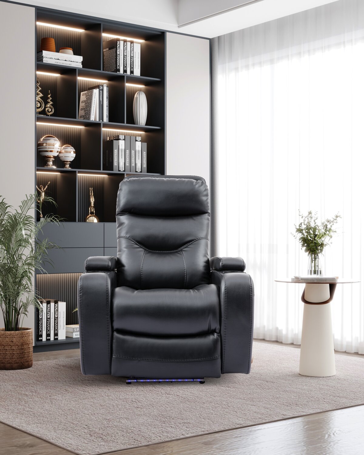 Fauteuil à inclinaison électrique Glow de 33 po en tissu avec accoudoirs de rangement - noir