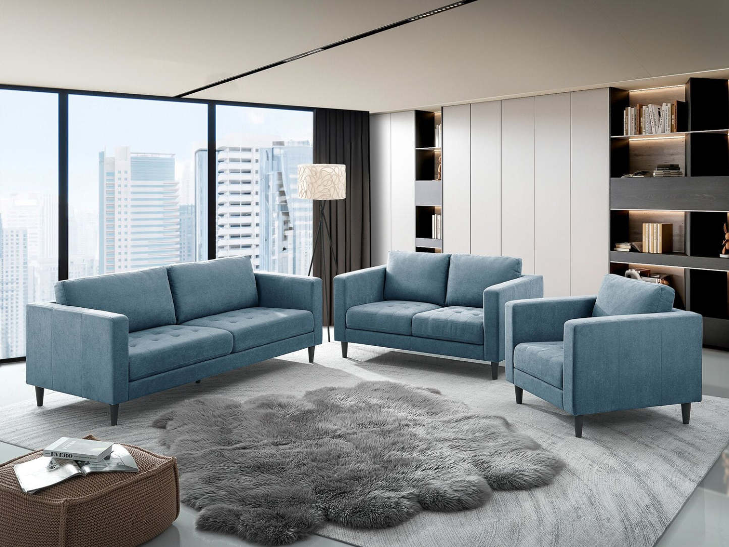 Causeuse en tissu Metro 57 avec coussins de siège capitonnés et coussins de dossier réversibles - Bleu denim | Causeuse Metro de 57 po en tissu avec coussins de siège capitonnés et coussins de dossier réversibles - bleu denim