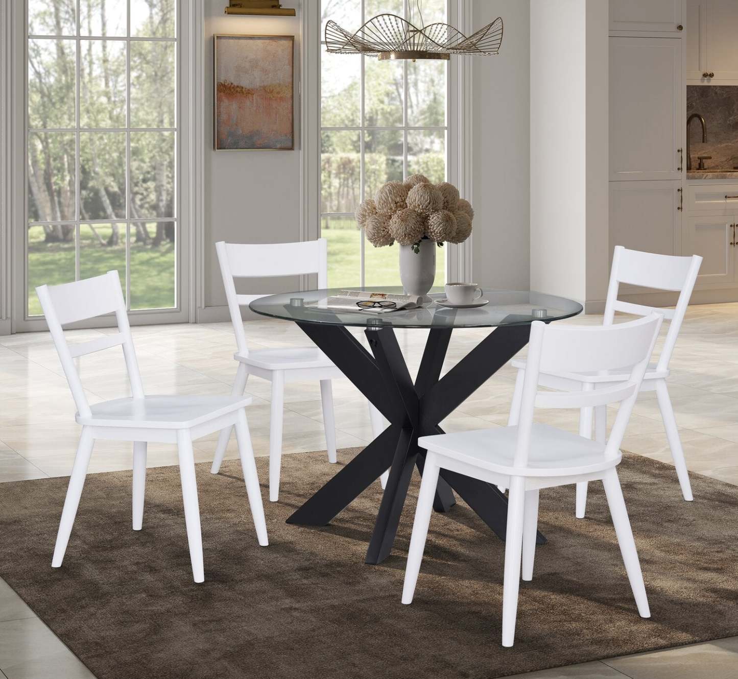 Remi 5pc Dining Set with Table & 4 Ladder-Back Chairs, Glass & Wood, 42W Round - Black & White | Ensemble de salle à manger Remi 5 pièces avec table ronde de 42 po et 4 chaises à dossier en échelle, en verre et bois - noir et blanc