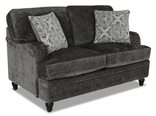 Made in Canada Bellmont 64 Chenille Fabric Loveseat with Reversible Cushions and Wood Legs - Charcoal Grey | Causeuse Bellmont de 64 po fabriquée au Canada en tissu de chenille avec coussins réversibles et pattes en bois - gris anthracite
