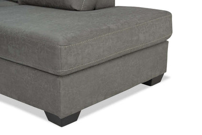 Fabriqué au Canada, canapé sectionnel Morty 2 pièces à droite en tissu d’apparence cuir avec coussins décoratifs - gris