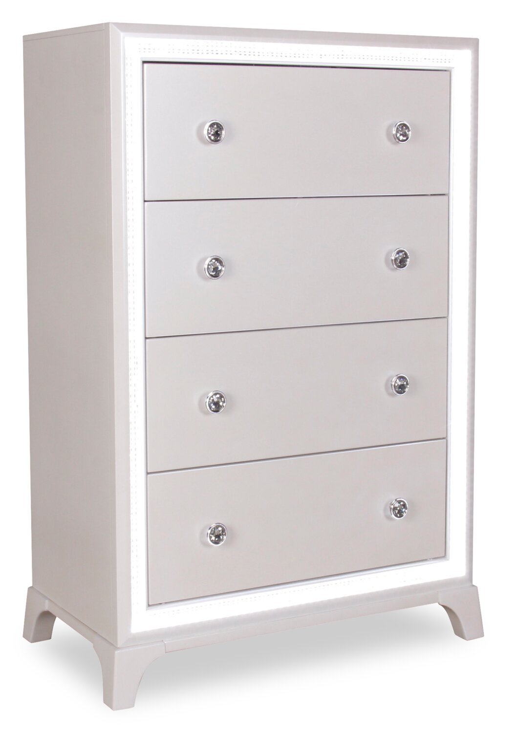 Commode de chambre Halo avec lumière LED, 4 tiroirs, 32 L x 48 H, Glam - Blanc | Commode verticale somptueuse Halo de 32 po (l) x 48 po (H) à 4 tiroirs avec éclairage à DEL pour la chambre à coucher - blanche