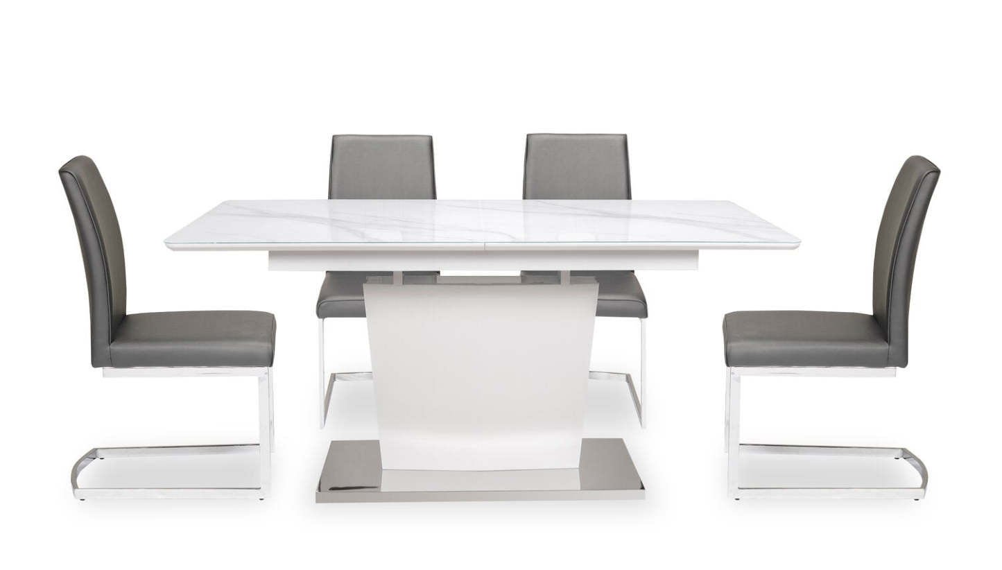 Naya 5pc Dining Package with 63-78.75W Extension Table & 4 Chairs - Faux White Marble & Grey | Ensemble de salle à manger Naya 5 pièces avec table à rallonge, 63 po à 78,75 po (L), et 4 chaises - imitation de marbre blanc et gris