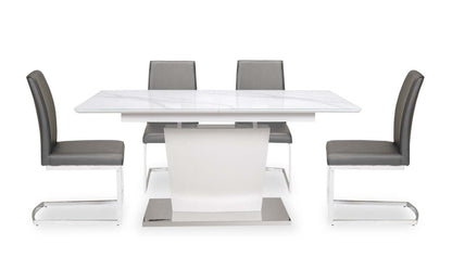 Naya 5pc Dining Package with 63-78.75W Extension Table & 4 Chairs - Faux White Marble & Grey | Ensemble de salle à manger Naya 5 pièces avec table à rallonge, 63 po à 78,75 po (L), et 4 chaises - imitation de marbre blanc et gris