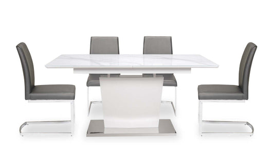 Naya 5pc Dining Package with 63-78.75W Extension Table & 4 Chairs - Faux White Marble & Grey | Ensemble de salle à manger Naya 5 pièces avec table à rallonge, 63 po à 78,75 po (L), et 4 chaises - imitation de marbre blanc et gris