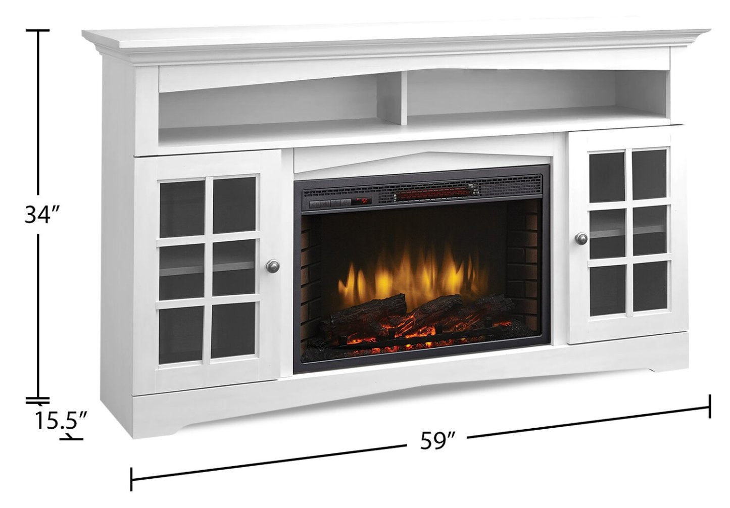 Huntley 59 Electric Fireplace TV Stand with Storage and Cable Management for TVs up to 65- White|Meuble pour téléviseur Huntley de 59 po avec foyer électrique, rangement et système de gestion des câbles pour téléviseurs jusqu’à 65 po - blanc