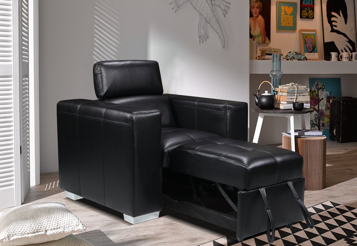 Fauteuil Drake de 41,5 po en tissu d’apparence cuir avec pouf rétractable et appuie-têtes relevables - noir