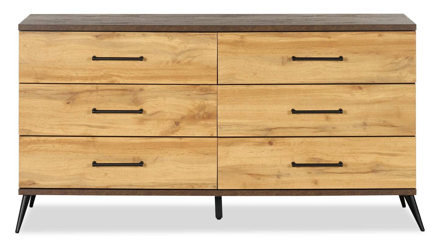 Commode à 6 tiroirs pour chambre à coucher Silas, 64 L x 33,4 H - Brun rustique | Commode de chambre à coucher Silas de 64 po (L) x 33,4 po (H) à 6 tiroirs - brun rustique