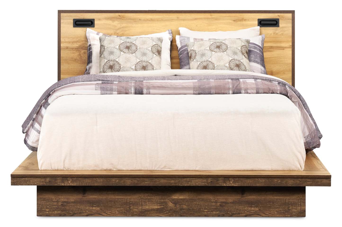 Lit plateforme Silas brun rustique avec tête de lit, cadre et éclairage à DEL - format grand lit | Silas Platform Bed with Headboard & Frame, LED, Rustic Brown - Queen Size
